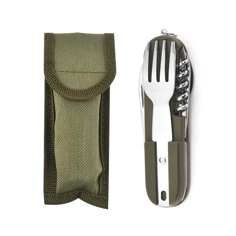 Vajilla plegable multifuncional 7 en 1 de acero inoxidable para acampar al aire libre: tenedor, cuchara y cuchillo. Herramientas de supervivencia para picnic y camping.