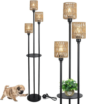 Boho Floor Lamp with Shelves 3-Lights Farmhouse Tall Floor Lamp with ON/OFF Foot Switch Rustic Standing Lamp with Rattan Shades - V.I.P Digital Presence