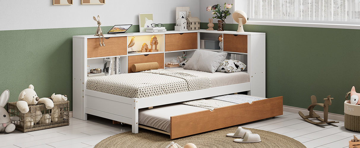 L-shaped bed frame with luggage and bookshelf, corner bed wooden captain's bed LED tube light and USB port walnut and white - V.I.P Digital Presence