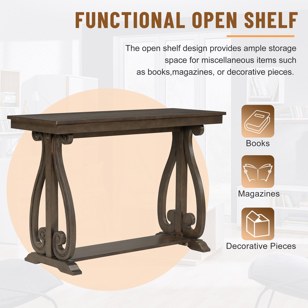 48-Inch Rustic Vintage Console Table --- Farmhouse Style Entryway Table with Open Shelf and Sturdy Construction (Walnut) - V.I.P Digital Presence