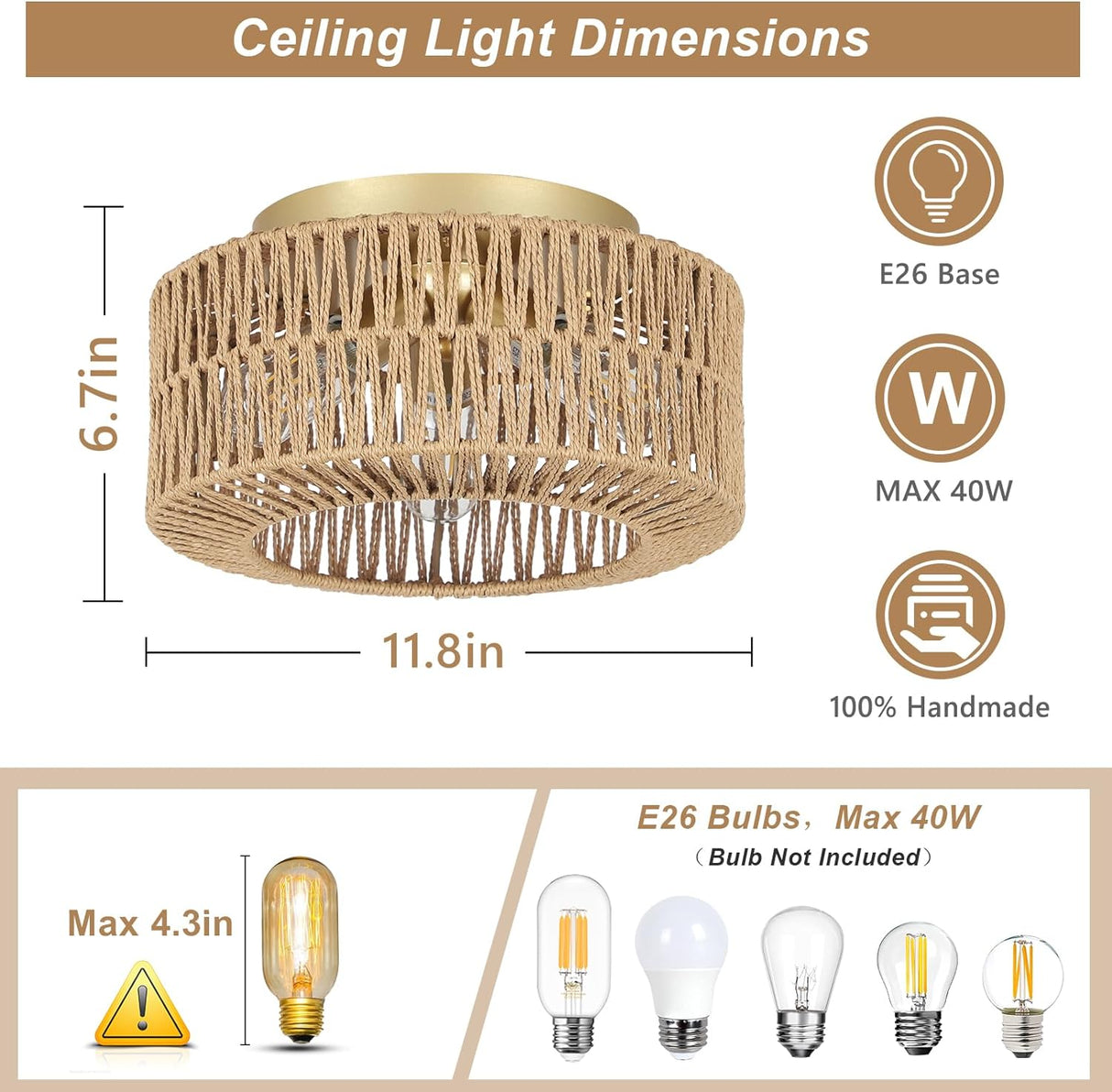 Boho Light Fixtures Ceiling Mount 3-Light Farmhouse Rattan Ceiling Light Fixture Flush Mount Ceiling Light with Hand-Woven Shade - V.I.P Digital Presence