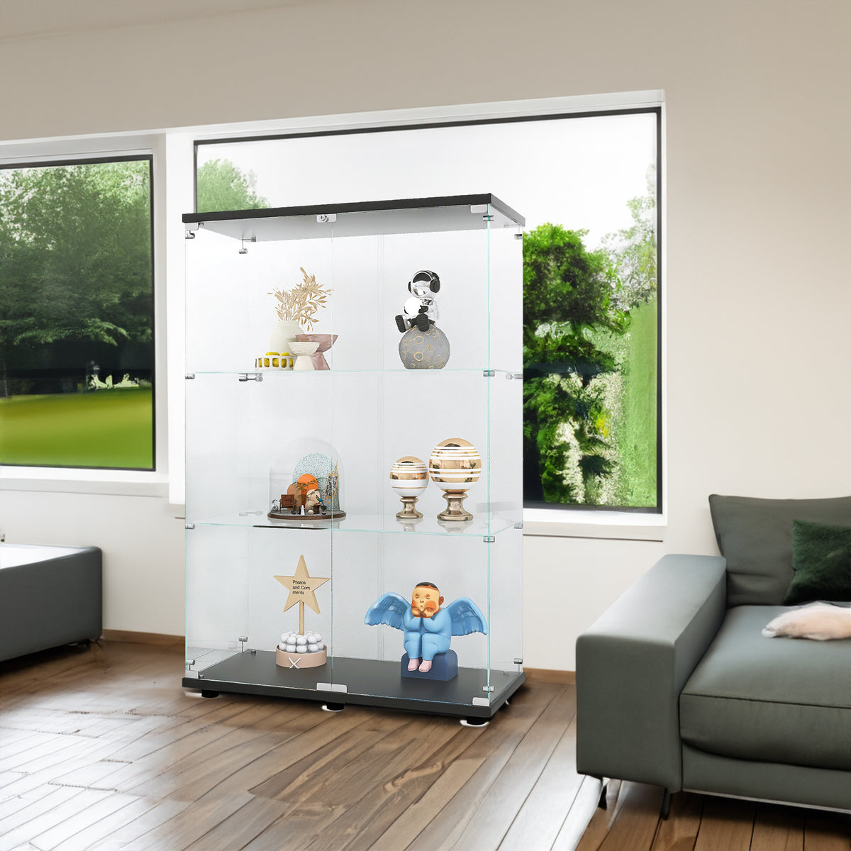 Three double door glass display cabinets with door frames, 49.3 inches * 31.7 inches * 14.3 inches, black - V.I.P Digital Presence