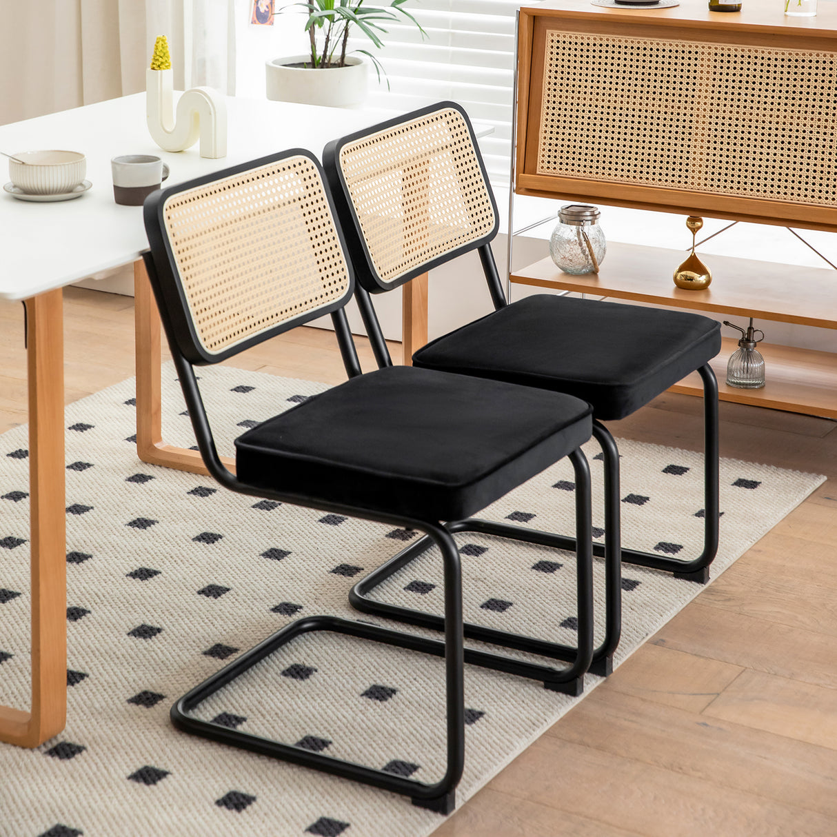 Dining Chairs Set of 2 velvet wicker side decorative chairs, black painted legs, modern medieval Bruell designed chairs, - V.I.P Digital Presence
