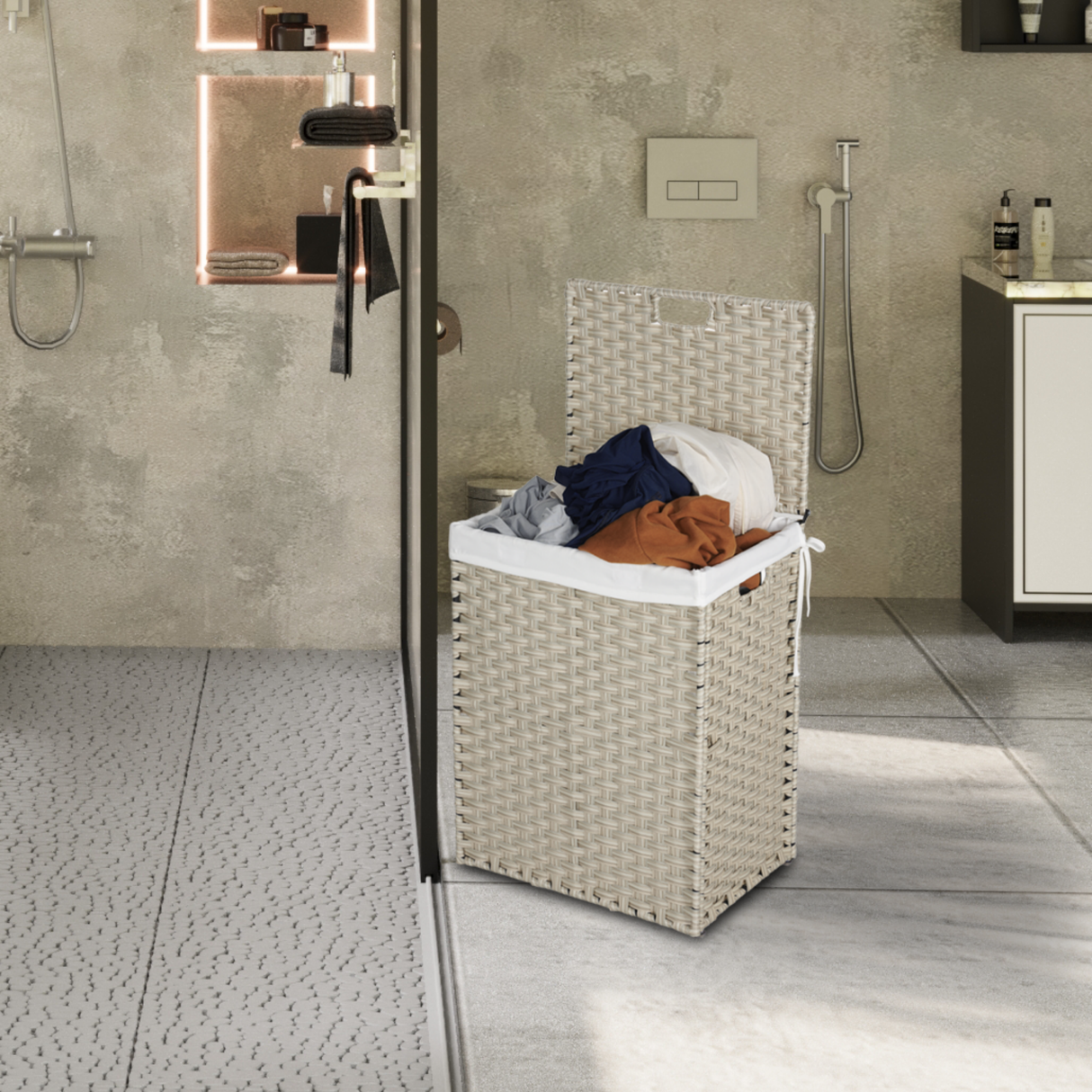 Laundry Hamper With Lid PE Rattan Powder Coating Frame Clothes Hampers with 02 Removable Bags, 100L, Grey Color - V.I.P Digital Presence