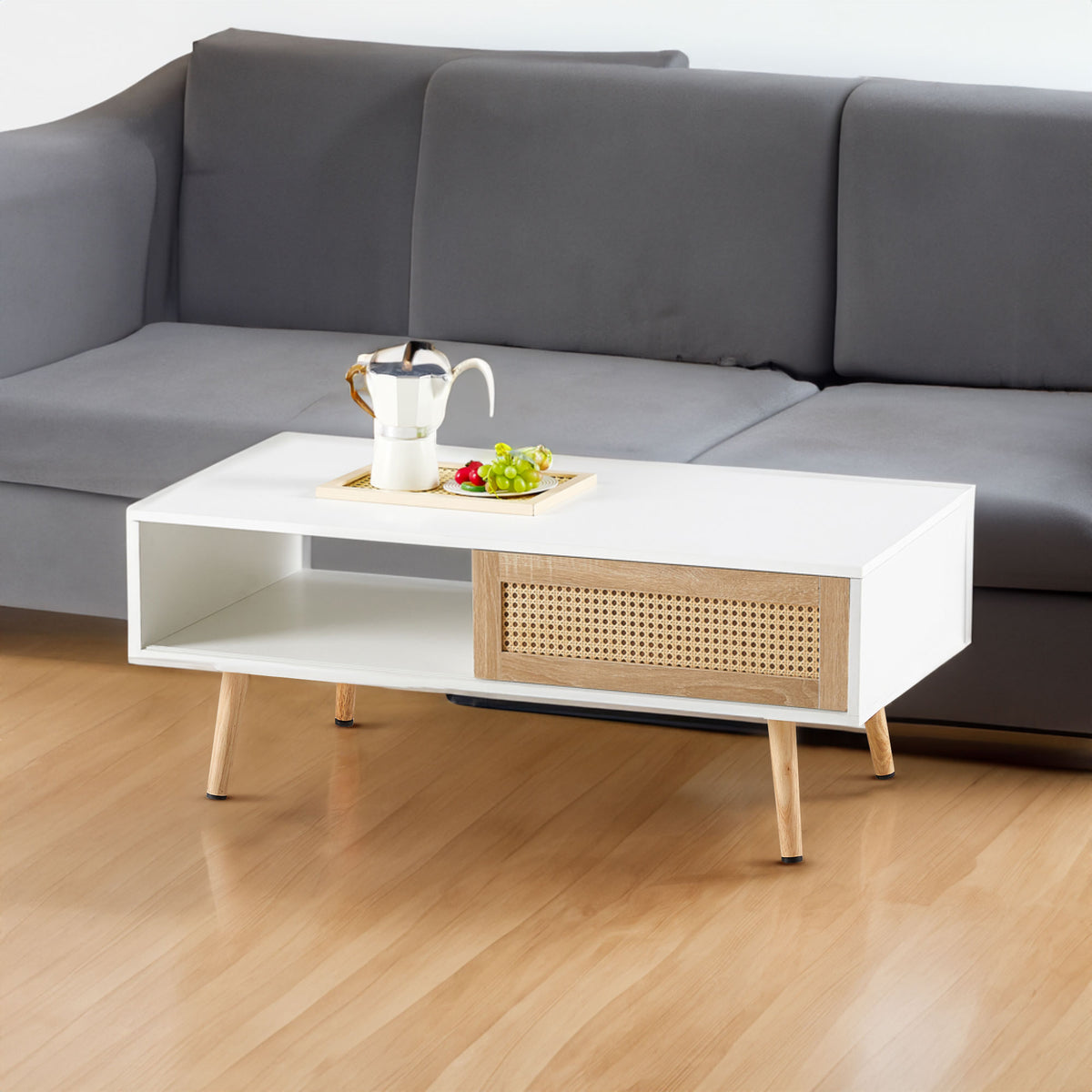 41.34" Rattan Coffee table sliding door for storage solid wood legs White - V.I.P Digital Presence