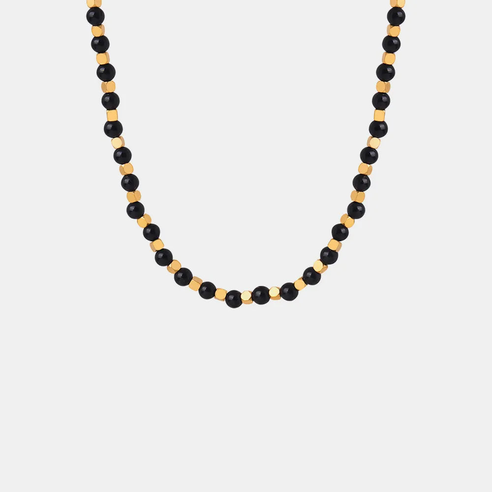 Square titanium steel gold-plated natural black agate stone handmade bead necklace jewelry for women - V.I.P Digital Presence