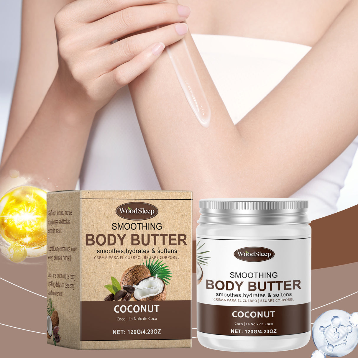 Manteca hidratante de coco y cacao. Hidrata el cuerpo. Piel suave y tierna.