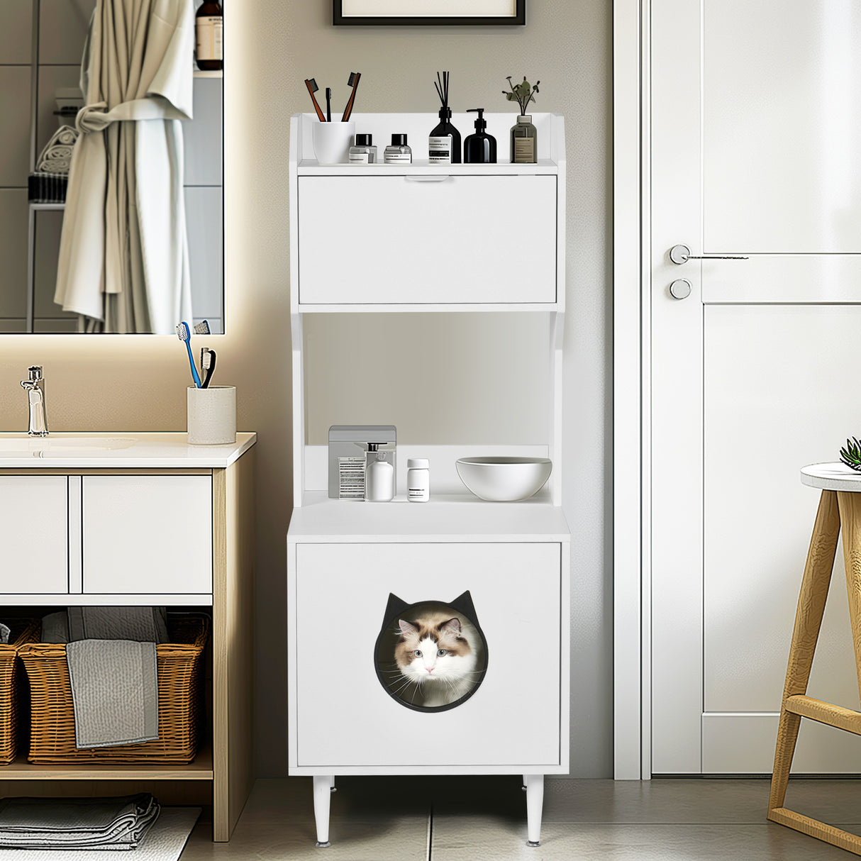 White wooden hidden cat trash can with rack and trash can shell, indoor cat house pet box, storage cabinet - V.I.P Digital Presence