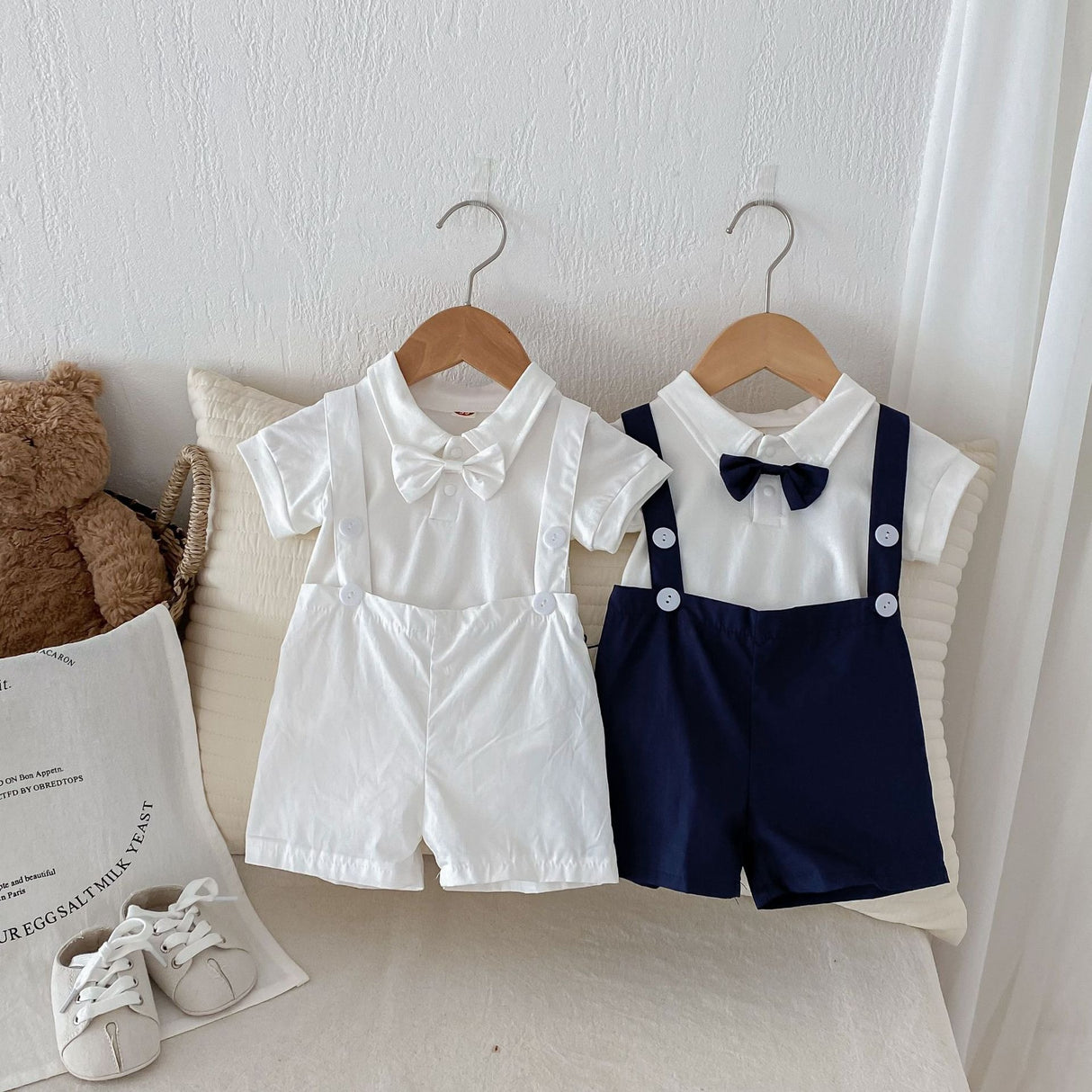 Summer baby hoodie tie suspender shorts two-piece set for gentlemen's one month and one year old dress suspender pants - V.I.P Digital Presence