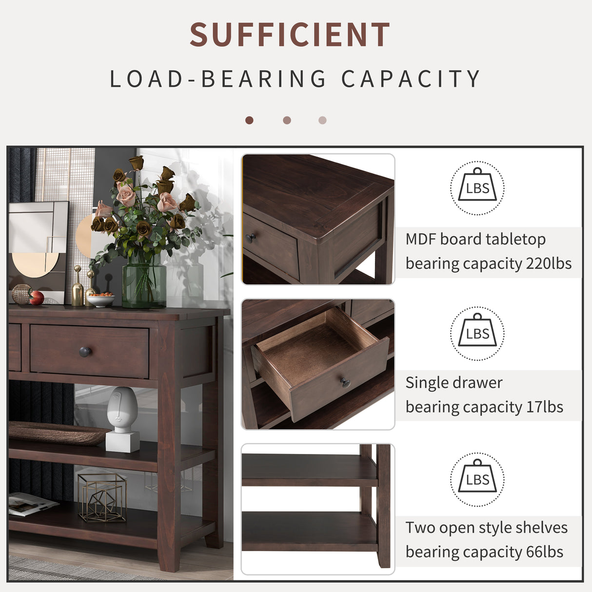 Retro Design Console Table with Two Open Shelves, Pine Solid Wood Frame and Legs for Living Room (Espresso) - V.I.P Digital Presence