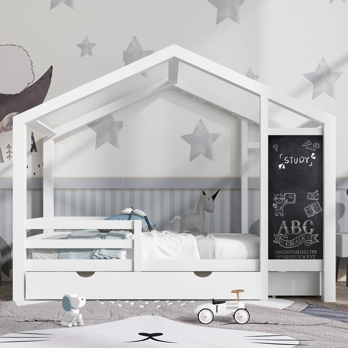 Full House Bed with Blackboard and Drawers Two assembly options White - V.I.P Digital Presence