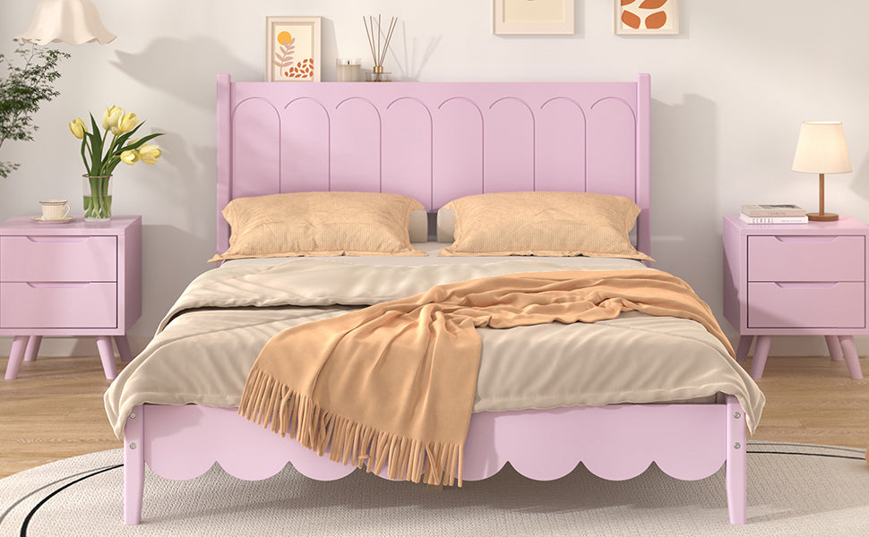Full Size Wood Platform Bed Frame, Retro Style Bed with Rectangular Headboard,No Need Box Spring,Pink - V.I.P Digital Presence