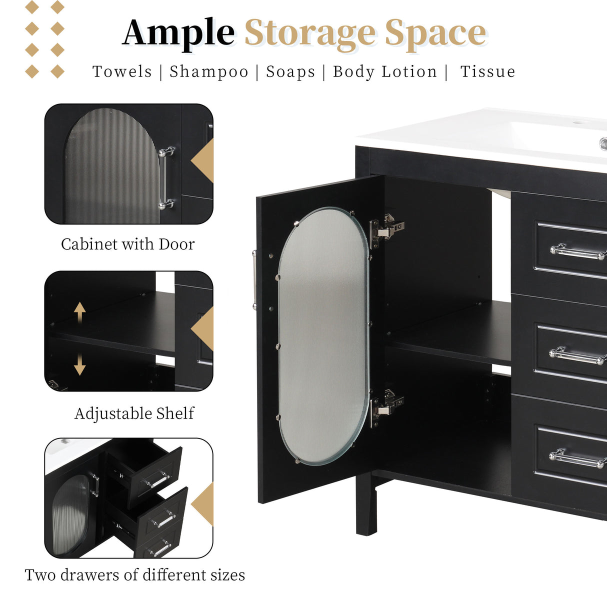 30" Bathroom Vanity with Sink, Bathroom Vanity Cabinet with Two Drawers and Door, Adjustable Shelf, Solid Wood and MDF, Black - V.I.P Digital Presence