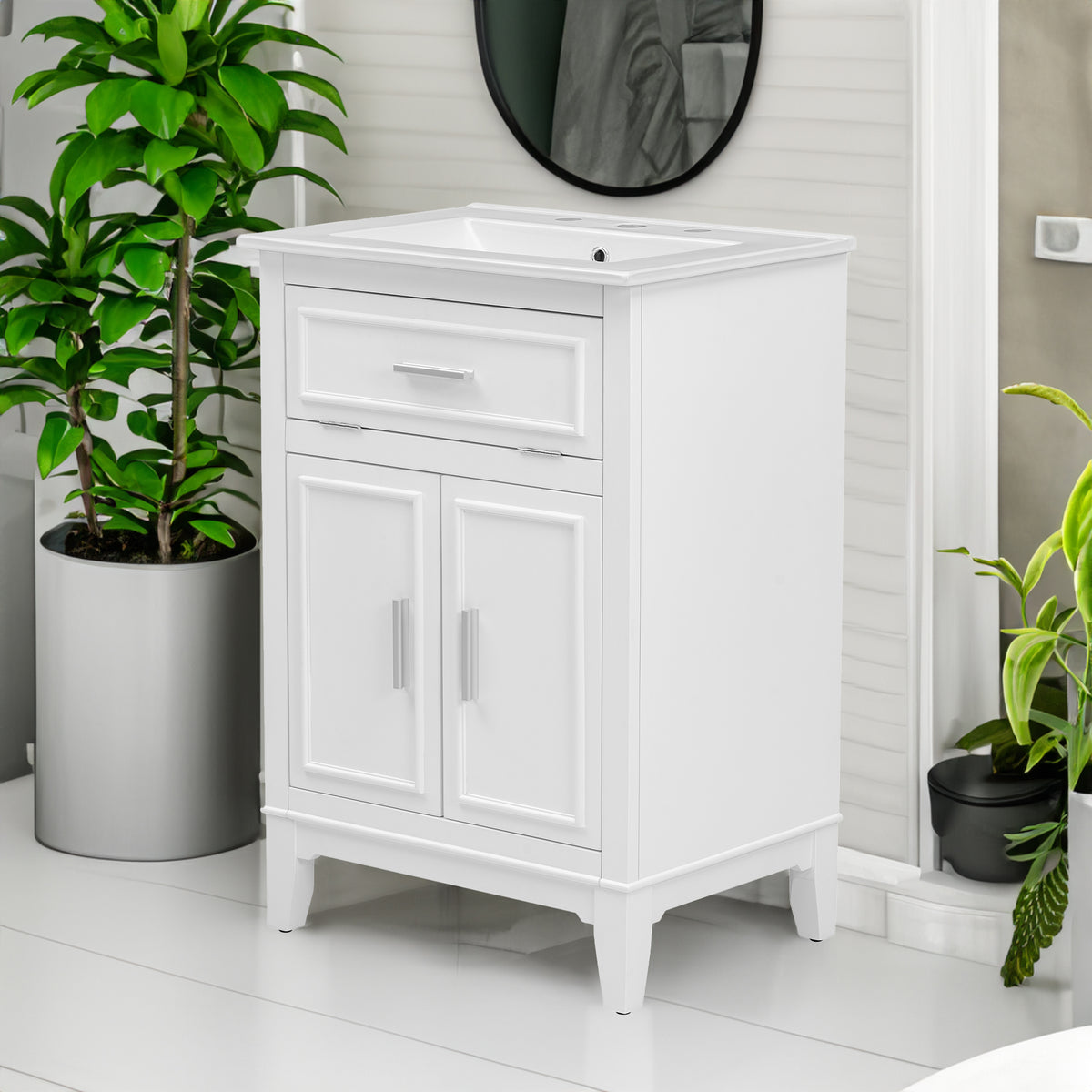 24" Bathroom Vanity with Sink, Bathroom Vanity Cabinet with One Flip Drawer and Doors, Solid Wood and MDF, White - V.I.P Digital Presence