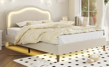 Full Size Velvet Upholstered Smart LED Bed Frame with Adjustable Height Headboard,No Box Spring Needed,Easy Assembly,Beige - V.I.P Digital Presence