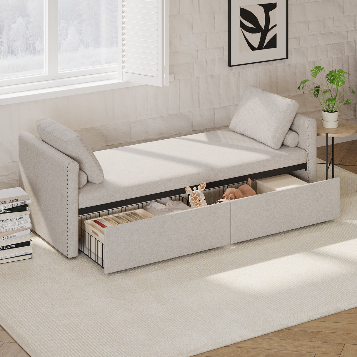 Modern cushioned lounge chair sofa bed with 2 drawers, small single sofa bed without mattress, linen, beige - V.I.P Digital Presence