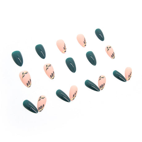 Almond Fake Nails with Green Leaves Design Elliptic Acrylic False Nails Wearable French Press on Nail Manicure Tips - V.I.P Digital Presence