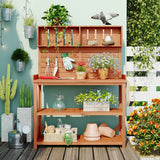 65" Large Wooden Farmhouse Rustic Outdoor Potting Bench Table Garden Potting Bench with 4 Storage Shelves and Side Hook,Natural - V.I.P Digital Presence