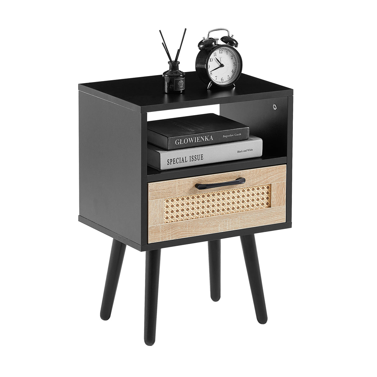 15.75" Rattan End table with drawer and solid wood legs Modern nightstand side table for living room black - V.I.P Digital Presence