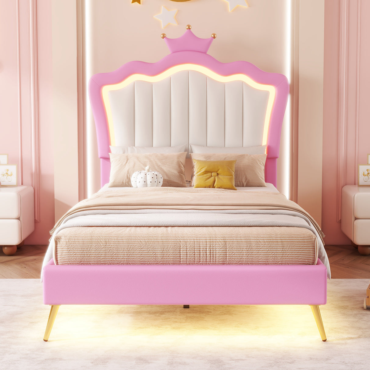 Twin Size Upholstered Bed Frame with LED Lights, Modern Upholstered Princess Bed with Crown Headboard, Pink+White - V.I.P Digital Presence