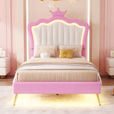 Twin Size Upholstered Bed Frame with LED Lights, Modern Upholstered Princess Bed with Crown Headboard, Pink+White - V.I.P Digital Presence