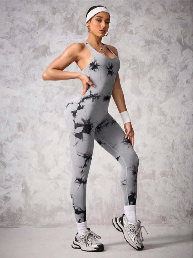 Back Crisscross Tie-Dye Scoop Neck Active Jumpsuit - V.I.P Digital Presence