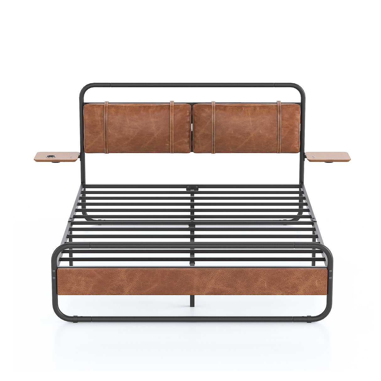 King Size Metal Bed Frame with Upholstered Headboard, with wireless charging and USB A & USB C, Touch LED light Vintage Brown - V.I.P Digital Presence