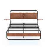 King Size Metal Bed Frame with Upholstered Headboard, with wireless charging and USB A & USB C, Touch LED light Vintage Brown - V.I.P Digital Presence