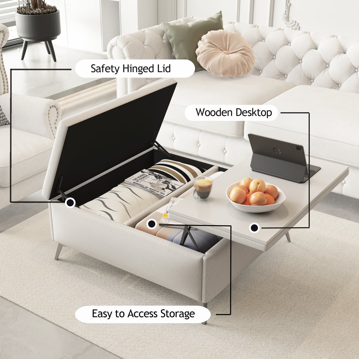 35 inch Wide Square storage benches Coffee Table with Lift Top Oversized Storage Ottoman in Upholstered for Living Room - V.I.P Digital Presence