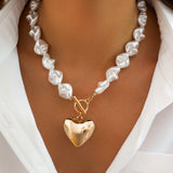 Fashionable heart-shaped hollow pendant collarbone chain simple flat bead pearl necklace set - V.I.P Digital Presence
