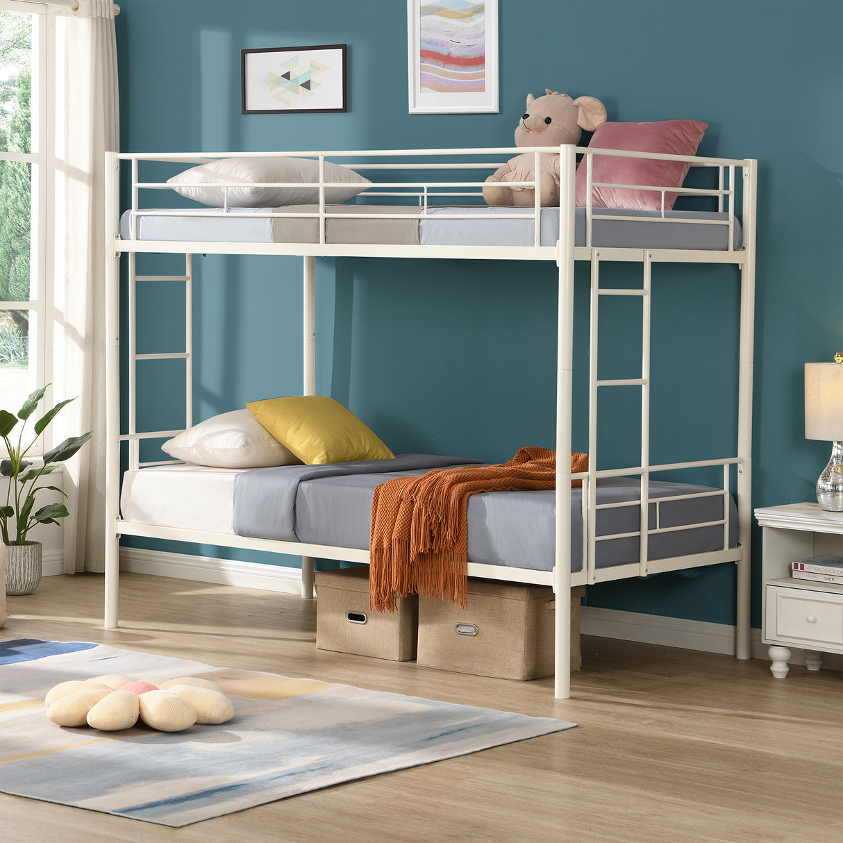 Twin metal bunk beds, metal structure bed frame with safety guardrails and 2 ladders, convertible bunk beds, white - V.I.P Digital Presence