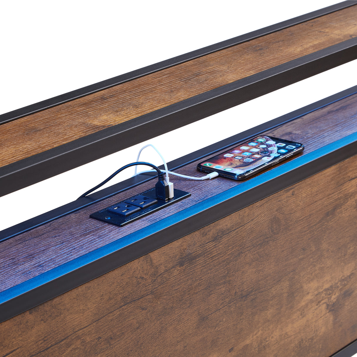Large metal bed frame with wooden headboard and USB foot pedal, charging station, 2 drawers, LED lights, no need for box spring - V.I.P Digital Presence