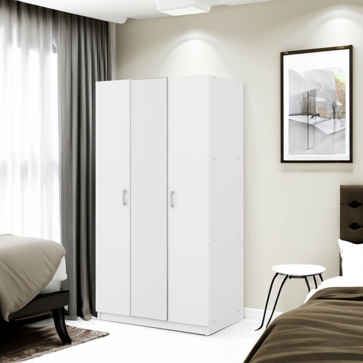 3 Door Wardrobe with Mirror, Armoire with Hanging Rod and 3 Fixed Shelves,White - V.I.P Digital Presence