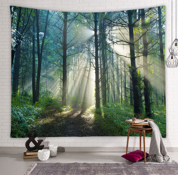 Hermoso tapiz de pared grande con estampado de bosque natural, decoración artística de pared 