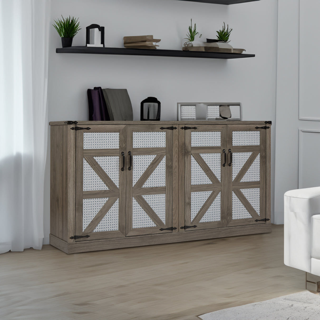 65-Inch Slate Gray Faux Rattan Sideboard with Barn Doors Rustic Sideboard, 4-Door Storage for Living Room, Entryway, Bedroom - V.I.P Digital Presence