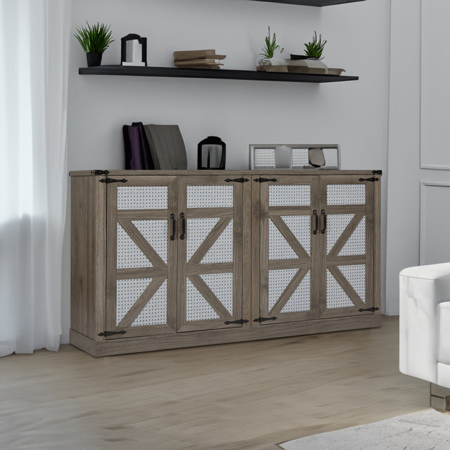 65-Inch Slate Gray Faux Rattan Sideboard with Barn Doors Rustic Sideboard, 4-Door Storage for Living Room, Entryway, Bedroom - V.I.P Digital Presence