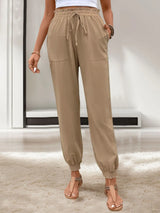 Tied Elastic Waist Pants with Pockets - V.I.P Digital Presence