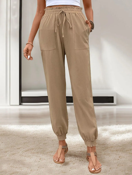 Tied Elastic Waist Pants with Pockets - V.I.P Digital Presence