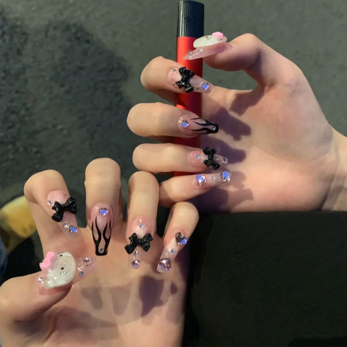 Girl Black Flame Y2K Style Wearing Nail Products Nail Patch Nail Patch Removable Nail Piece Fake Nail - V.I.P Digital Presence