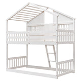 Twin over Twin House Bunk Bed with Roof , Window, Window Box, Door , with Safety Guardrails and Ladder,White - V.I.P Digital Presence