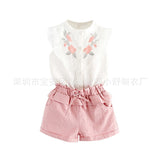INS Children's Clothing Girls Embroidered Flowers Ruffled Lace Sleeveless Shirt Two-Color Shorts Set - V.I.P Digital Presence