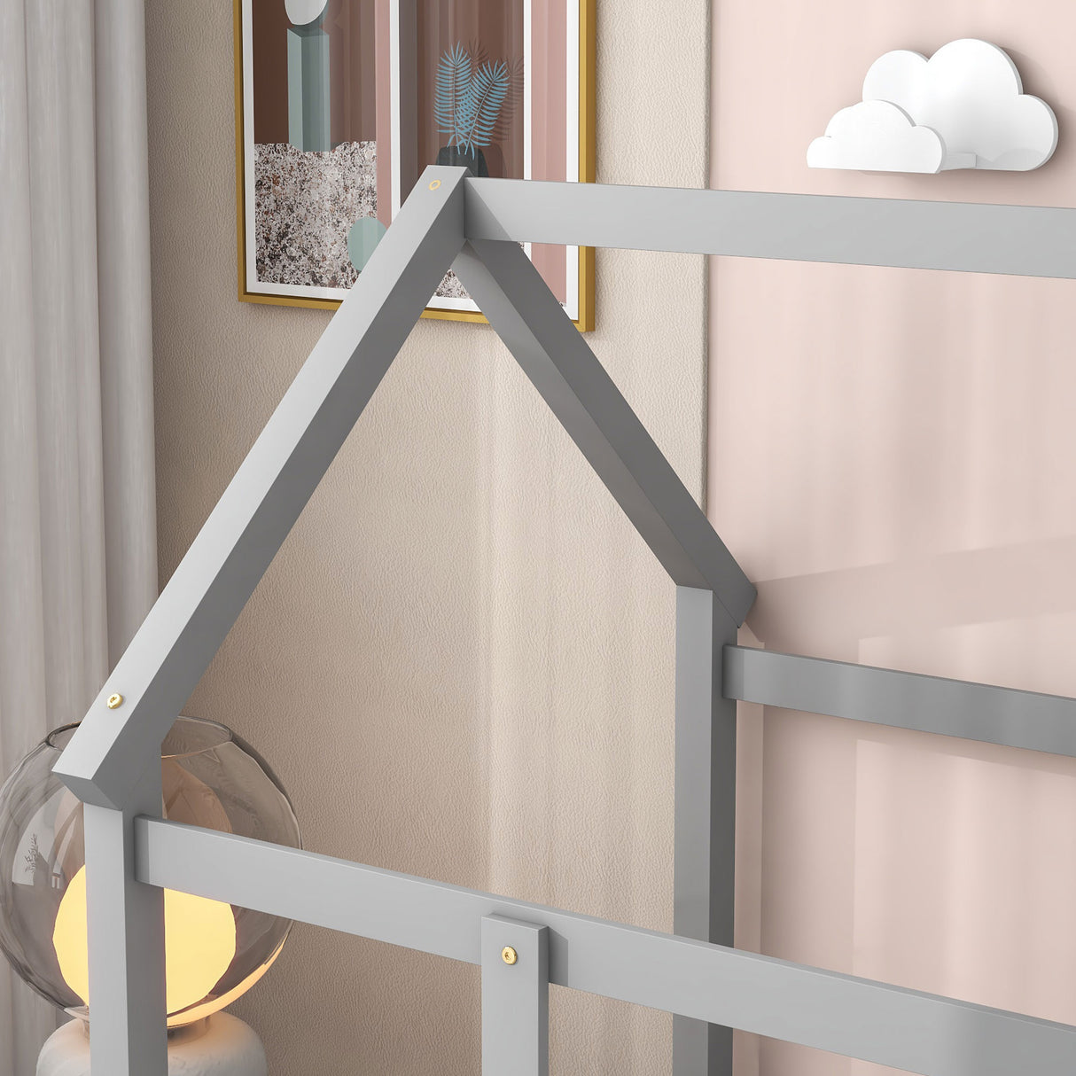 Twin Size Floor Wooden Bed with House Roof Frame, Fence Guardrails,Grey - V.I.P Digital Presence