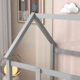 Twin Size Floor Wooden Bed with House Roof Frame, Fence Guardrails,Grey - V.I.P Digital Presence