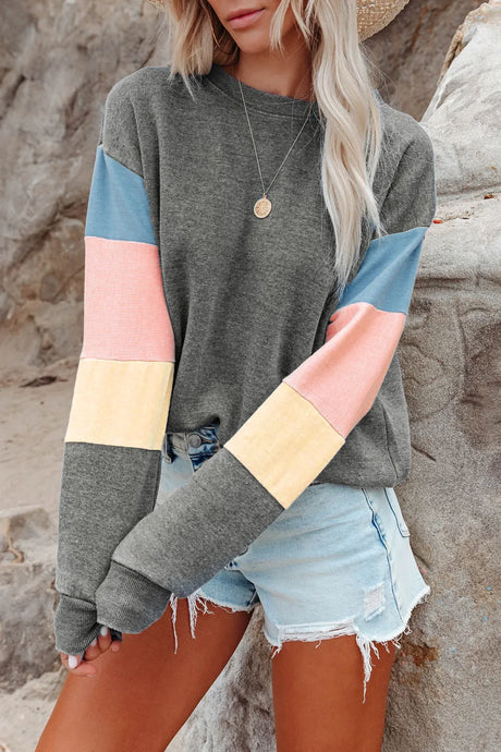 Color Block Round Neck Long Sleeve Sweatshirt - V.I.P Digital Presence
