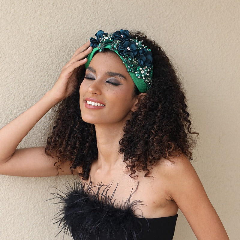 Fashionable solid color fabric flower oversized wide edged crystal headband - V.I.P Digital Presence