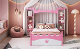 Castle-Shaped Wooden Bed with Storage Shelf, Dreamy Twin Size Platform Bed for Kids Bedroom, White + Pink - V.I.P Digital Presence