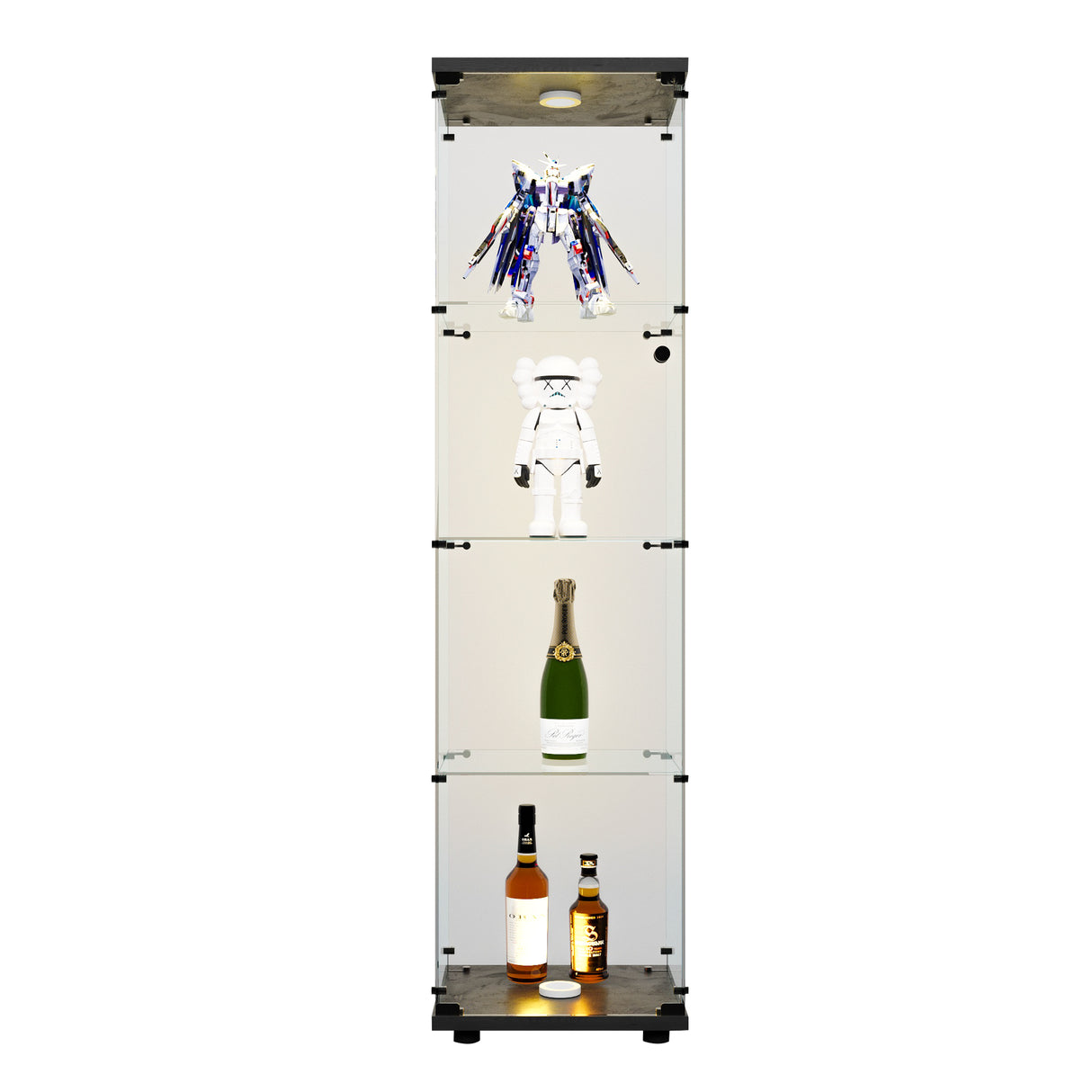 4 LED light glass display cabinets with door shelves, floor standing antique bookshelf, 64.7 "* 16.7" * 14.3 ", black - V.I.P Digital Presence