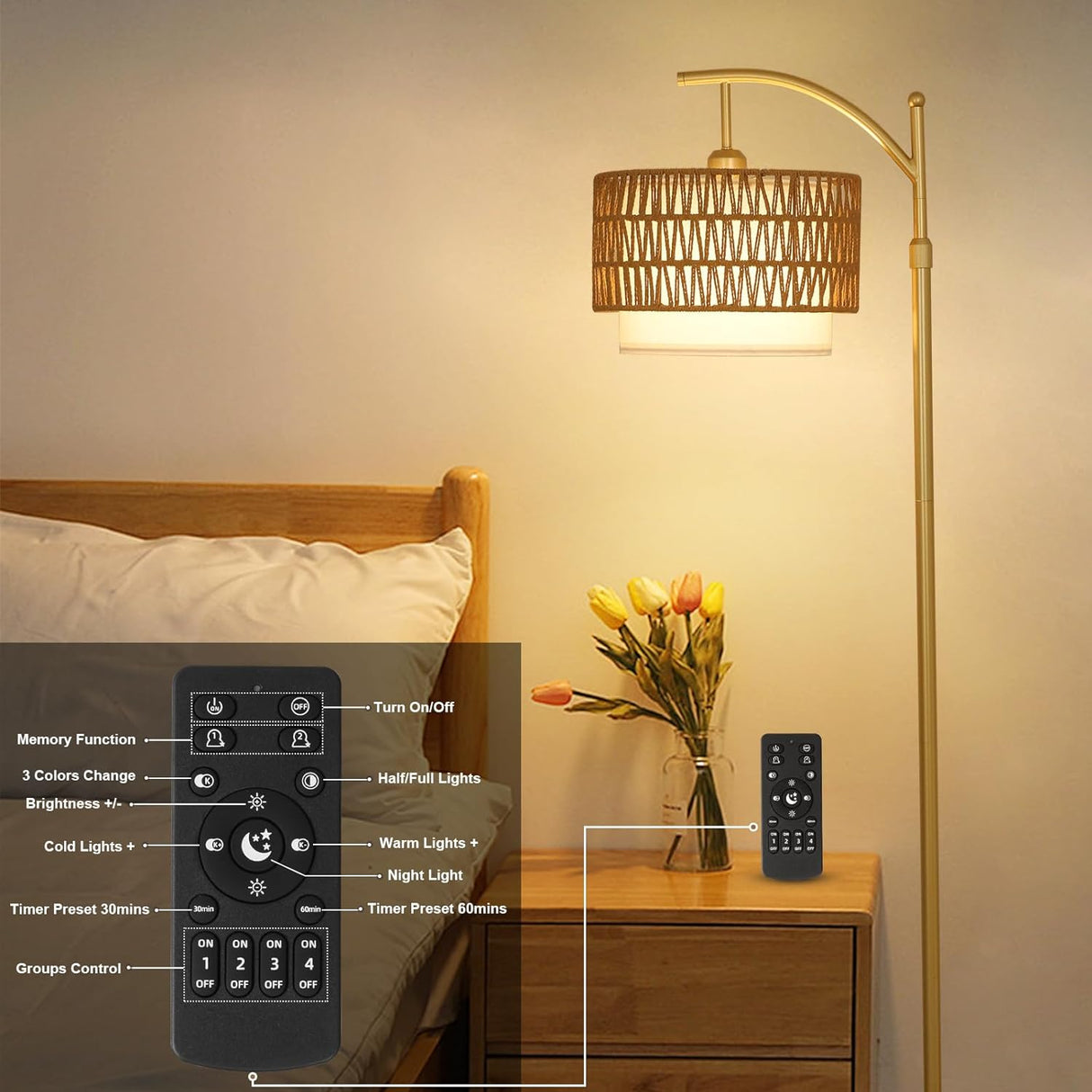 Gold Floor Lamps for Living Room with Remote & Dimmable LED Bulb, Modern Arc Floor Lamp with 3 Color Temperatures - V.I.P Digital Presence