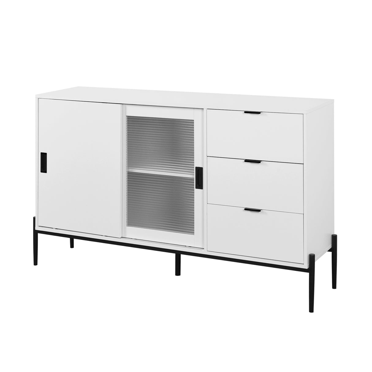 Modern characteristic storage cabinet side panel with glass sliding door and 3 drawers, dining table cabinet in white color - V.I.P Digital Presence