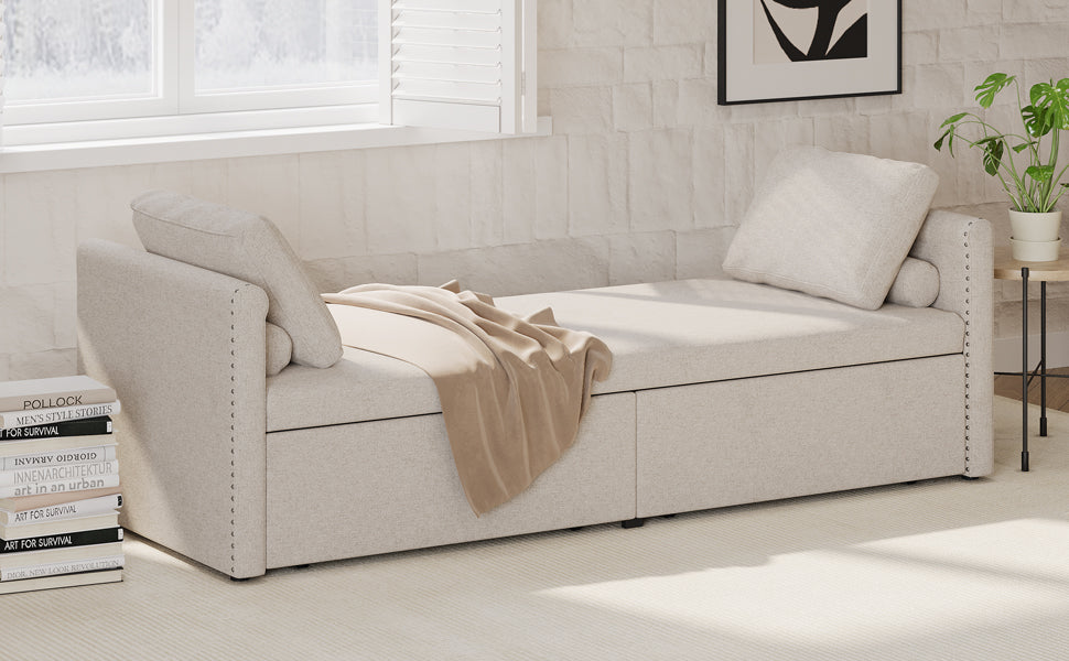Modern cushioned lounge chair sofa bed with 2 drawers, small single sofa bed without mattress, linen, beige - V.I.P Digital Presence